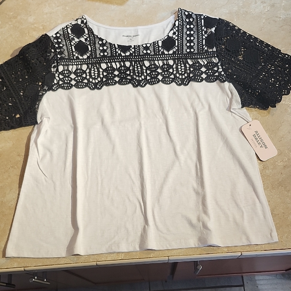 Allison Daley White Tee Top With Black Lace Detail PL